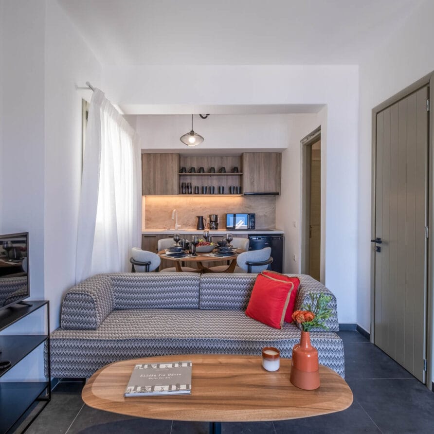 Μοντέρνο σαλόνι με καναπέ με σχέδια, κόκκινο μαξιλάρι, ξύλινο τραπεζάκι σαλονιού, τηλεόραση σε βάση και μικρή τραπεζαρία με μικρή κουζίνα στο βάθος.