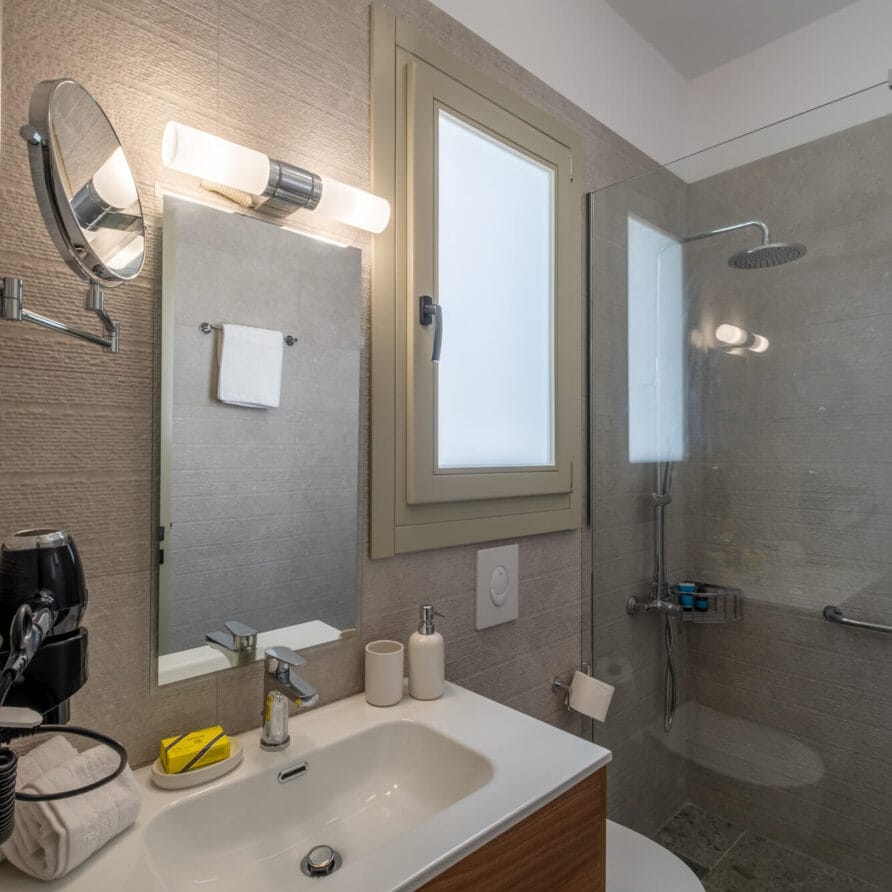 Μοντέρνο μπάνιο με νιπτήρα, ξύλινο νιπτήρα, επιτοίχιο καθρέφτη, αδιαφανές παράθυρο, τουαλέτα και γυάλινη καμπίνα ντους. Είδη προσωπικής υγιεινής και αξεσουάρ μπάνιου βρίσκονται στον πάγκο και στο ντους.