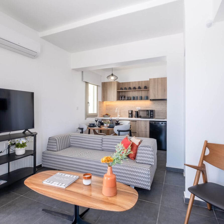 Μοντέρνο σαλόνι με ριγέ καναπέ, τραπεζάκι σαλονιού, τηλεόραση, ξύλινη καρέκλα και ανοιχτή κουζίνα στο βάθος με ανοιχτόχρωμα ξύλινα ντουλάπια και συσκευές.