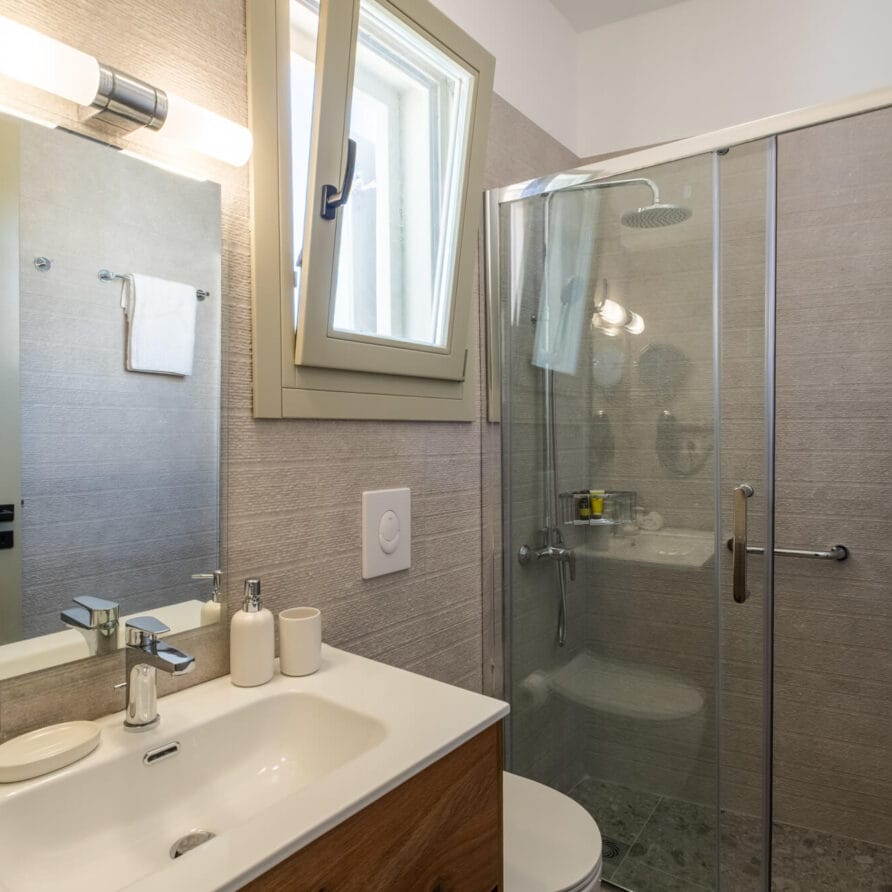Μοντέρνο μπάνιο με νιπτήρα, καθρέφτη, στεγνωτήρα μαλλιών και γυάλινη καμπίνα ντους. Οι τοίχοι με πλακάκια και ένα μικρό παράθυρο επιτρέπουν το φυσικό φως. Οι πετσέτες και τα προϊόντα περιποίησης είναι τακτοποιημένα.